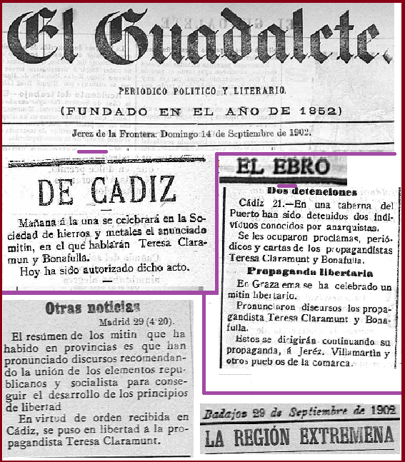 Teresa Claramunt en Cádiz. 1902. Revista de Prensa: Conferencias y detenciones.