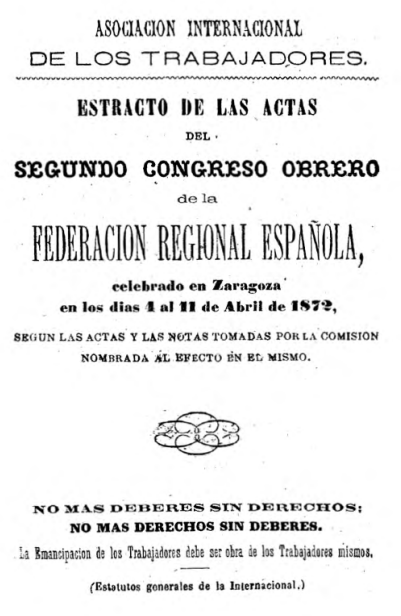 II Congreso obrero. FRE-AIT. Zaragoza 1872. Portada edicin facsimil.