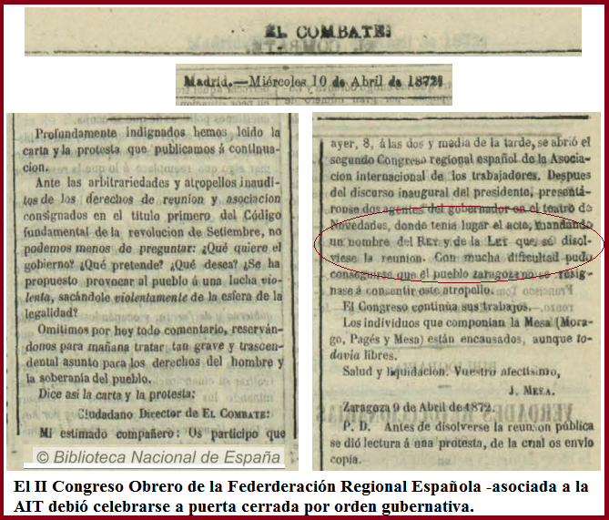 II Congreso Obrero. FRE-Internaciona. Zaragoza 1872. Prohibicin sesiones pblicas.