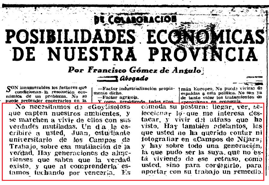 Artículo de Gómez Ángulo en Yugo 1961 critico con Juan Goytisolo